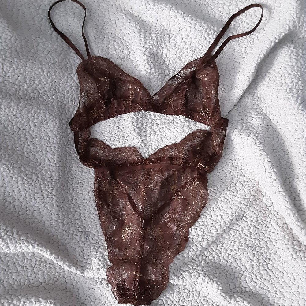 Victoria's Secret brown sparkle lace teddy bodysuit